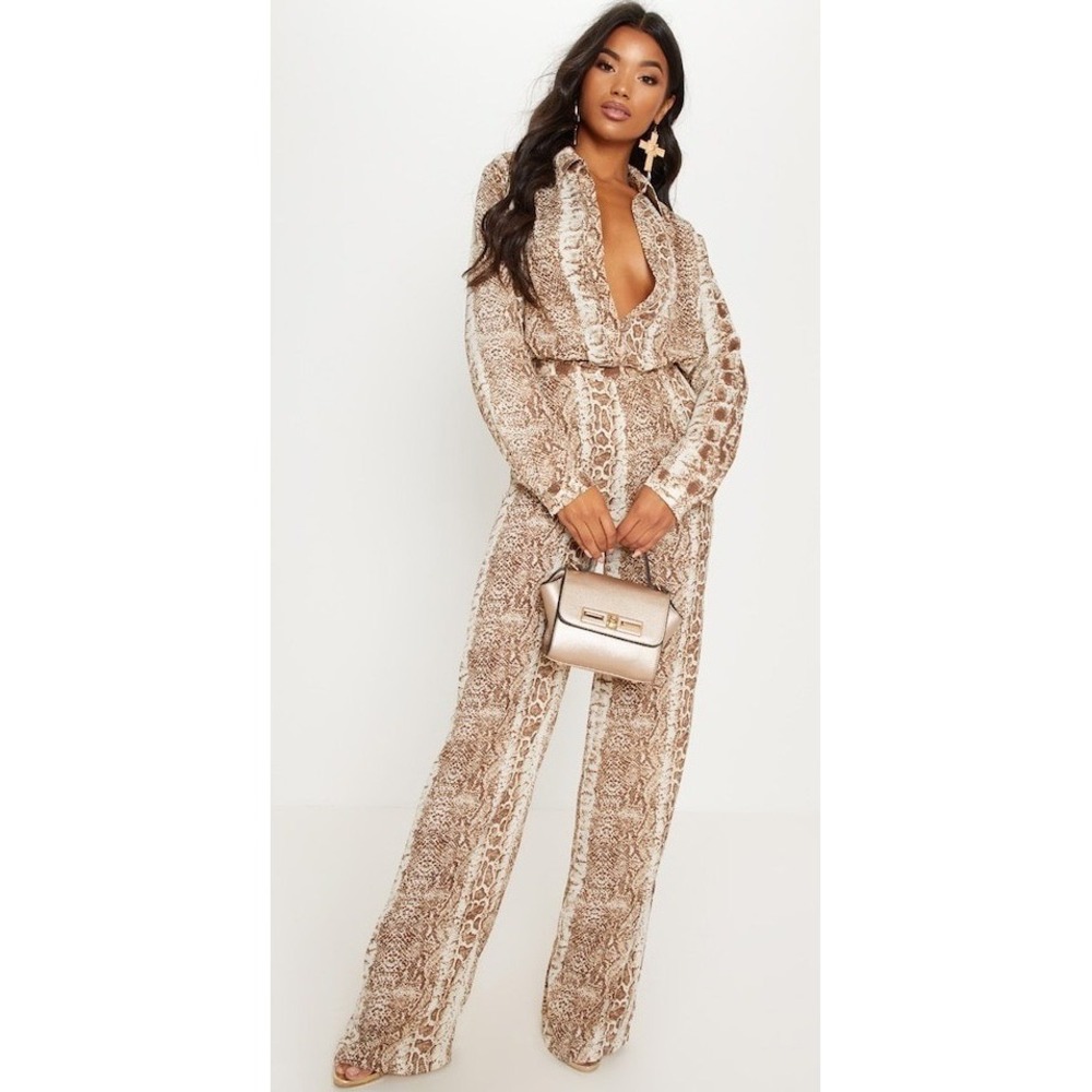 PrettyLittleThing Pants Women‎ 10 Brown Ivory Snake Print Wide Leg High Rise
